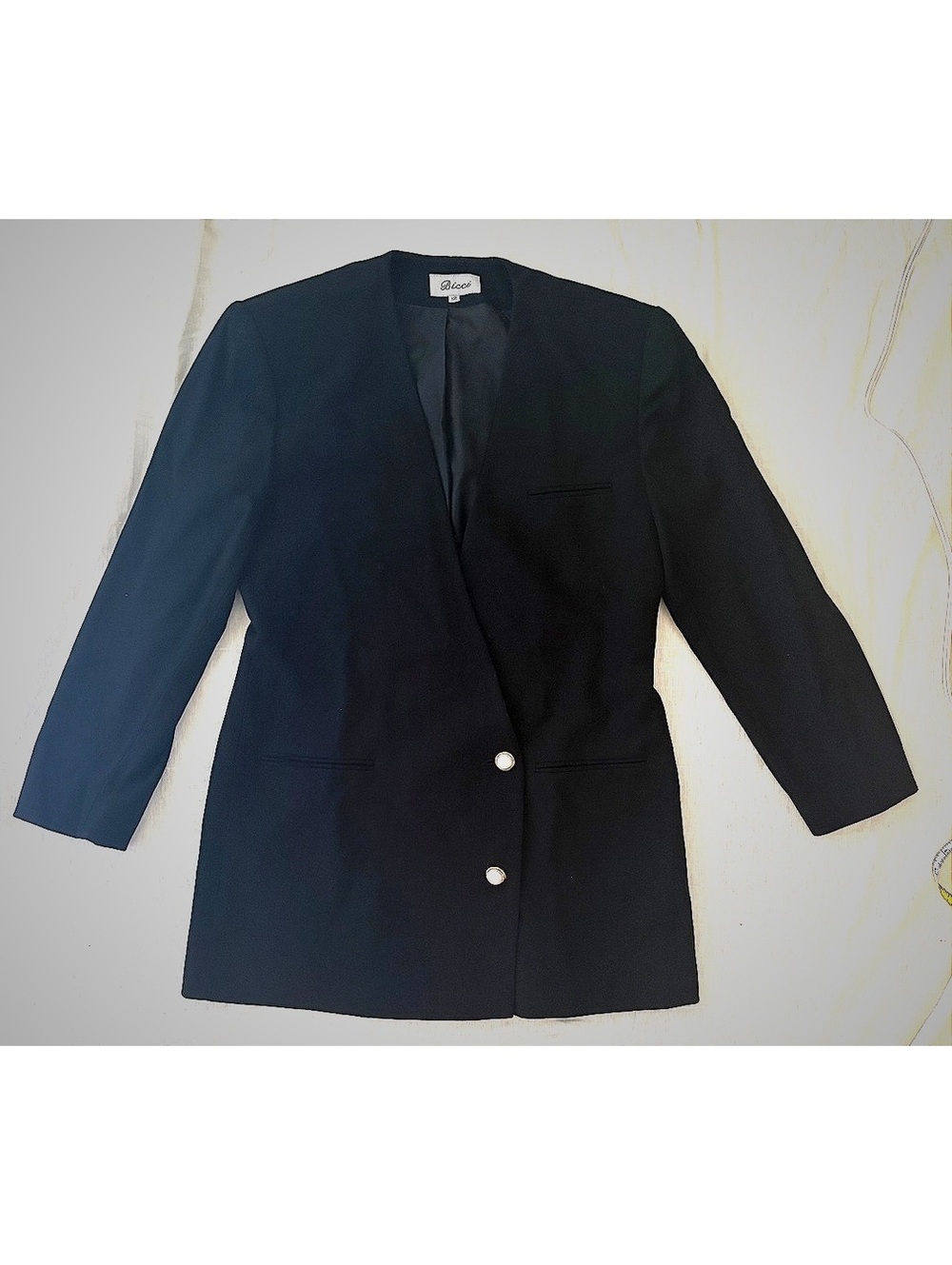 Vintage Bicci Women's Black Wool Blazer with Pearl Buttons, Size 12 #tailored